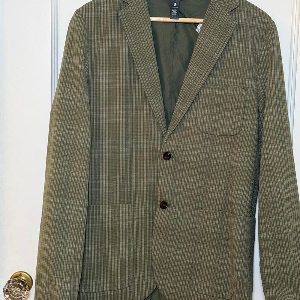 Houston White light weight soft green plaid cotton & spandex blazer with button